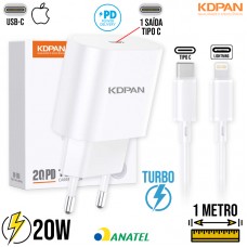 Kit Carregador Tipo C PD 20W + Cabo Lightning x Tipo C 1m KN-108A Kdpan